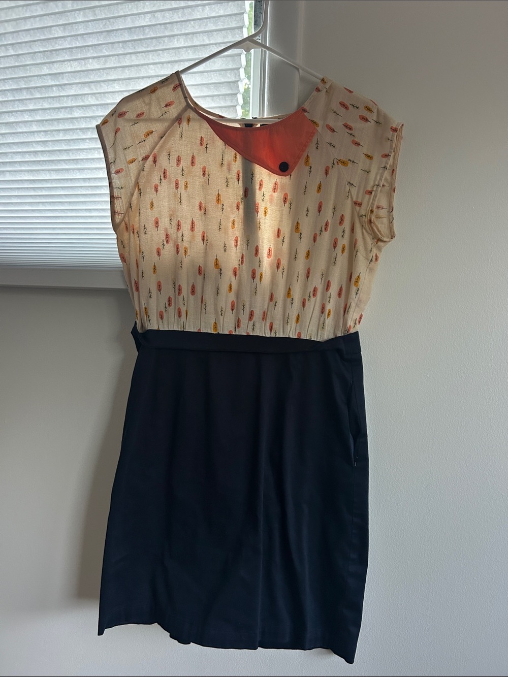 Brooklyn Industries Cream Printed Dress with Navy Skirt. Orange Collar Detail
